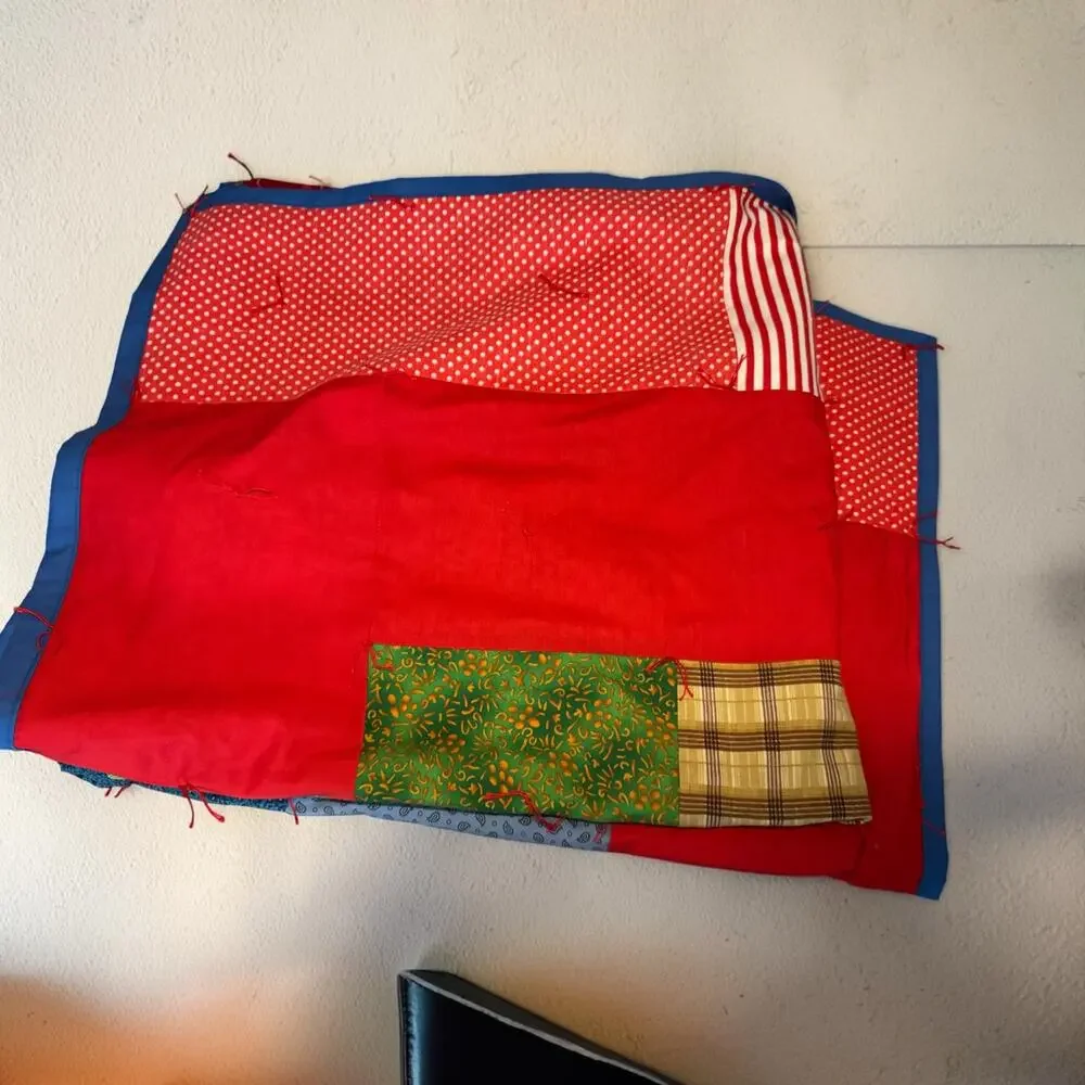 Vintage Handmade Hand-Tied Patchwork Quilt Twin 78x62 Scrappy Red Blue Cotton